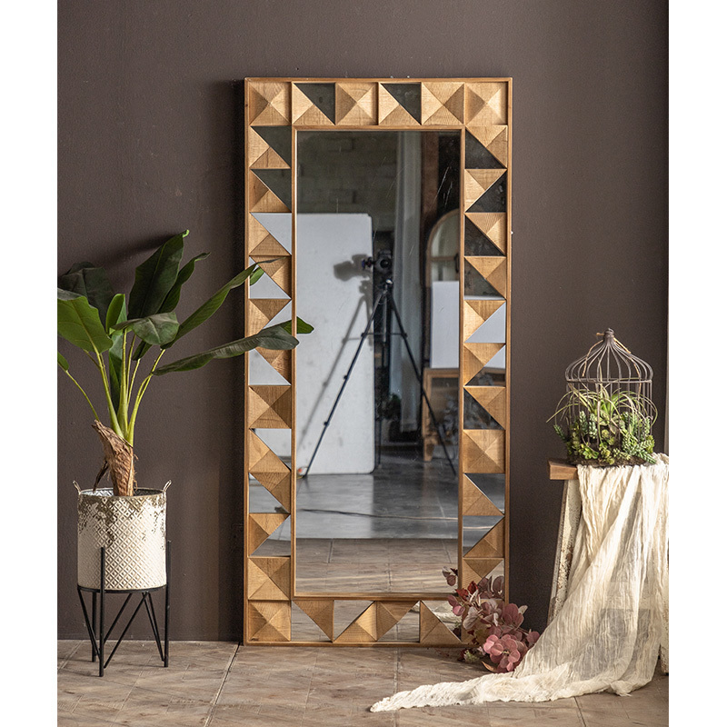 Nordic style decorative shabby chic floor large carved wooden framed floor mirror nature wood dressing wall mirror