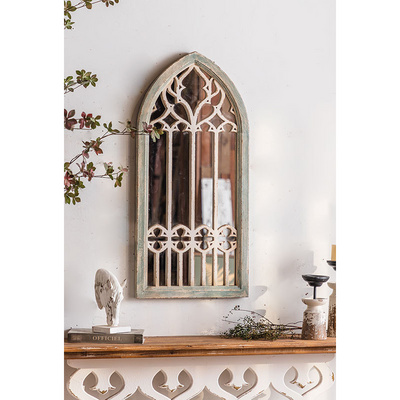 Antique Arch Style Hanging Wall Mirror Farmhouse Window Shape Decorative Garden Mirror Wood Framed Wall Mounted Mirrors