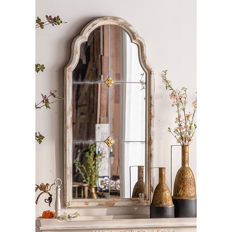 Farmhouse Rustic Decorative Living Room Vanity Mirror Wood Frame Arched Hanging Wall Mirror