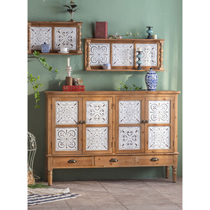 Rustic Shabby Carving Design 4 White Doors Vintage Chest Of Drawer Dining Room Furniture Wood Sideboard Cabinet Storage