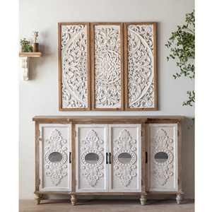 Wood Hallway Console Cabinet Carved Four Doors Design Metal Handle Wooden Antique Vintage Craft Storage Cabinet