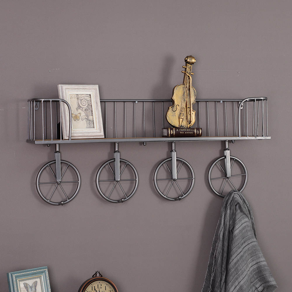 Multifunction Metal Iron Craft Display Rack Living Room Storage Industrial Wall Shelf with Four Wheel Hooks