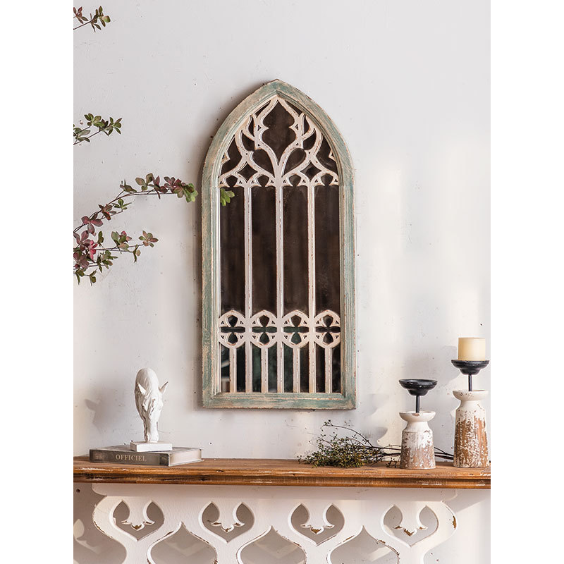 Antique Arch Style Hanging Wall Mirror Farmhouse Window Shape Decorative Garden Mirror Wood Framed Wall Mounted Mirrors