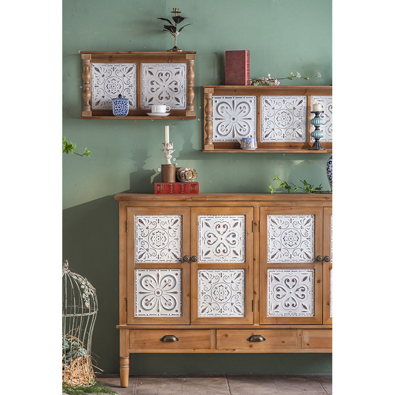 Rustic Shabby Carving Design 4 White Doors Vintage Chest Of Drawer Dining Room Furniture Wood Sideboard Cabinet Storage