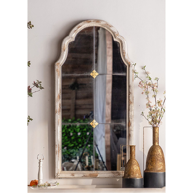 Farmhouse Rustic Decorative Living Room Vanity Mirror Wood Frame Arched Hanging Wall Mirror