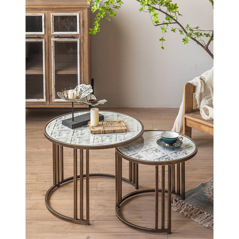 new cheap Iron round tea desk living room furniture glass light luxury small side wood top coffee table with metal frame