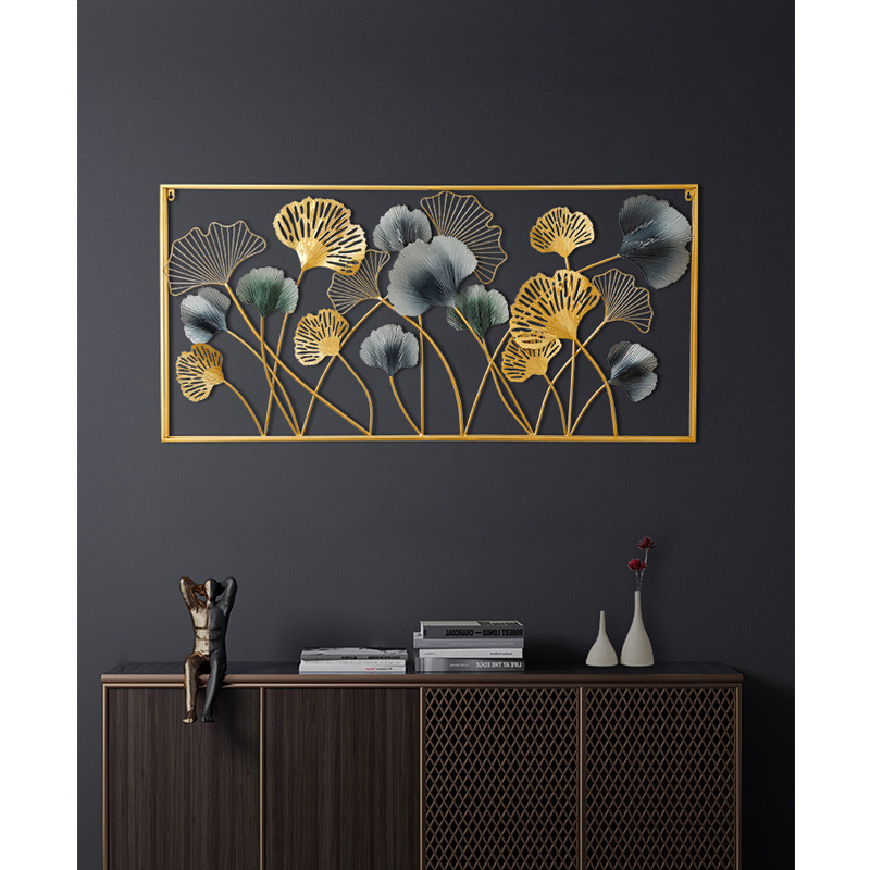 Lobby Display Wall Art Large Metal Frame Ginkgo Leaf Decoration Wall Decor Designs for Living Room TV Background