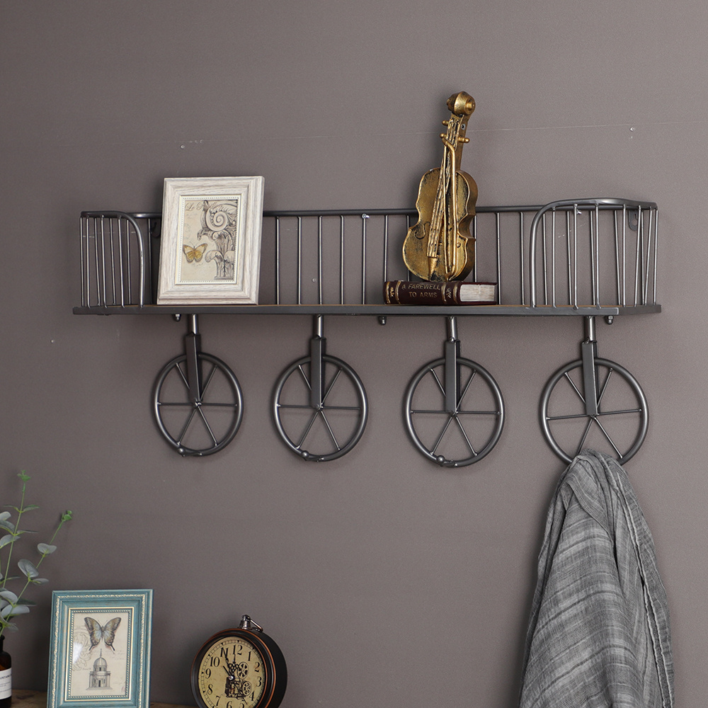 Multifunction Metal Iron Craft Display Rack Living Room Storage Industrial Wall Shelf with Four Wheel Hooks