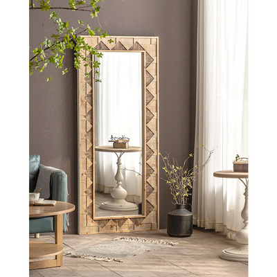 Nordic style decorative shabby chic floor large carved wooden framed floor mirror nature wood dressing wall mirror