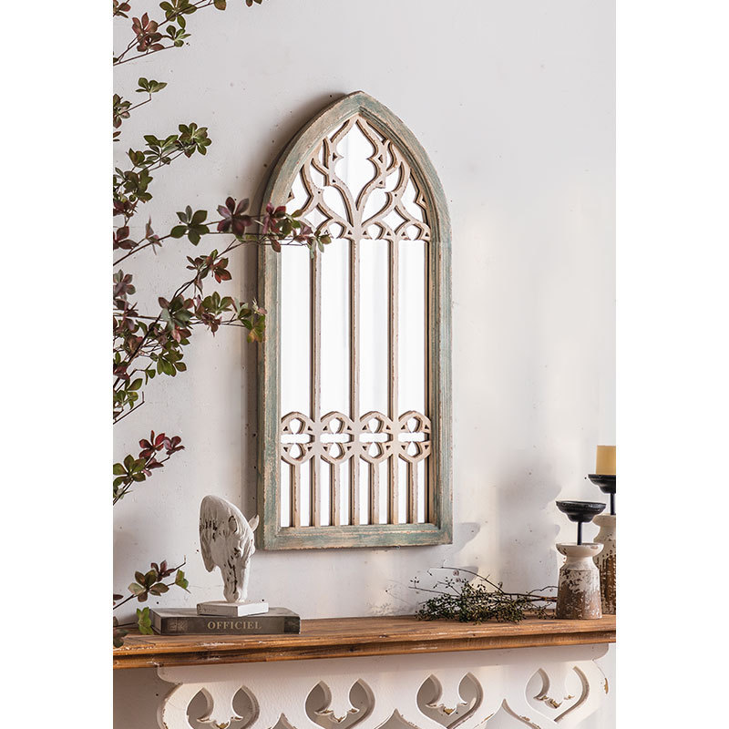 Antique Arch Style Hanging Wall Mirror Farmhouse Window Shape Decorative Garden Mirror Wood Framed Wall Mounted Mirrors