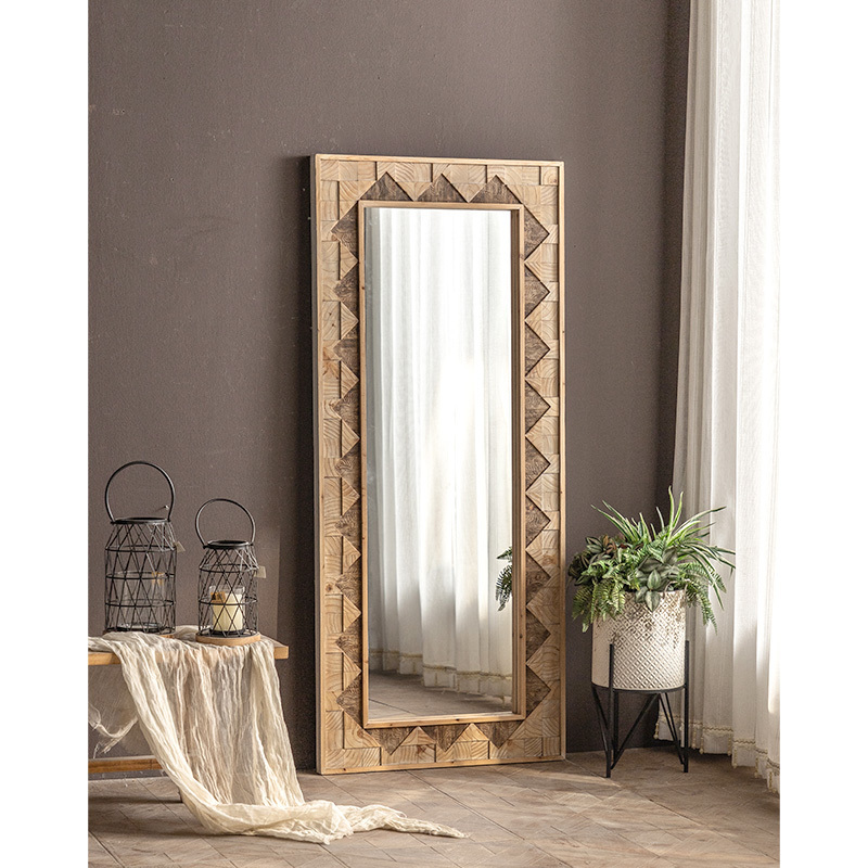 Nordic style decorative shabby chic floor large carved wooden framed floor mirror nature wood dressing wall mirror