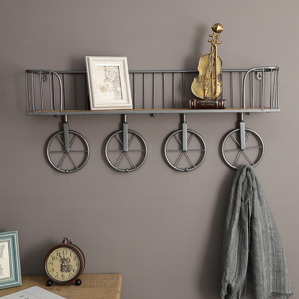 Multifunction Metal Iron Craft Display Rack Living Room Storage Industrial Wall Shelf with Four Wheel Hooks