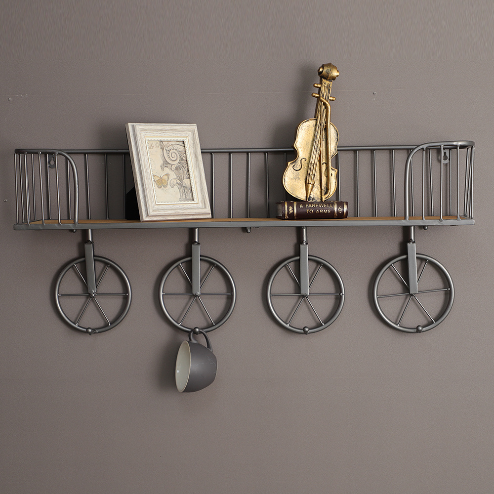 Multifunction Metal Iron Craft Display Rack Living Room Storage Industrial Wall Shelf with Four Wheel Hooks