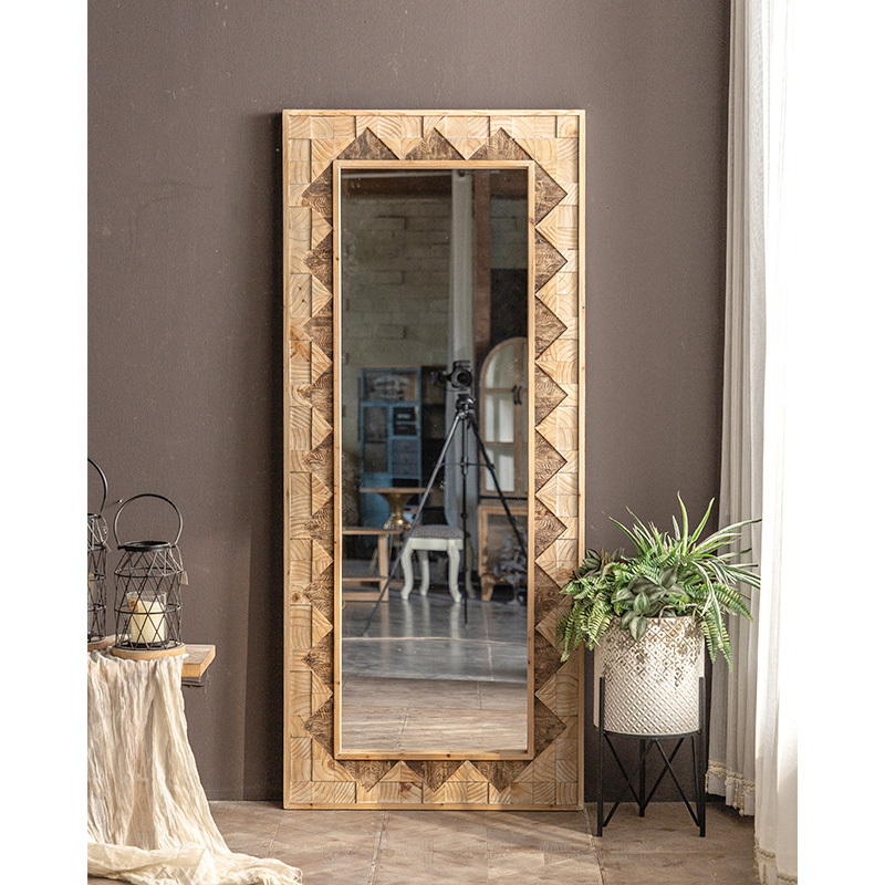 Nordic style decorative shabby chic floor large carved wooden framed floor mirror nature wood dressing wall mirror