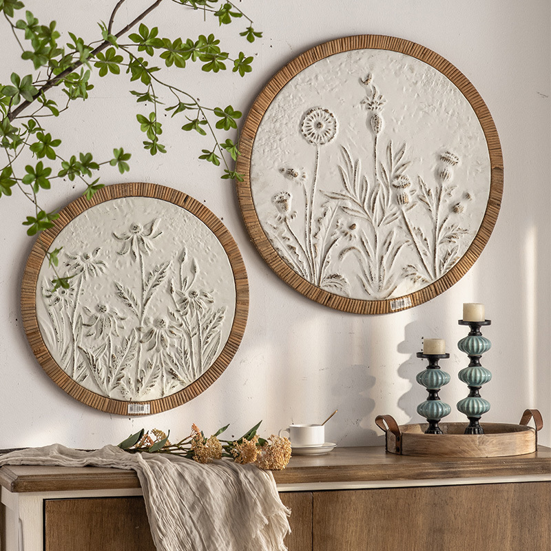 Nordic Retro White Rattan Frame Iron Wall Metal Round Wall Hanging Plant Flowers Luxury Wall Art Decor for Living Room