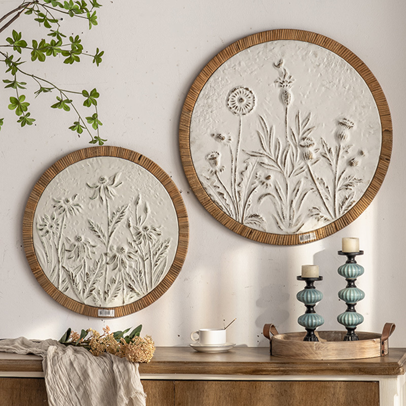 Nordic Retro White Rattan Frame Iron Wall Metal Round Wall Hanging Plant Flowers Luxury Wall Art Decor for Living Room