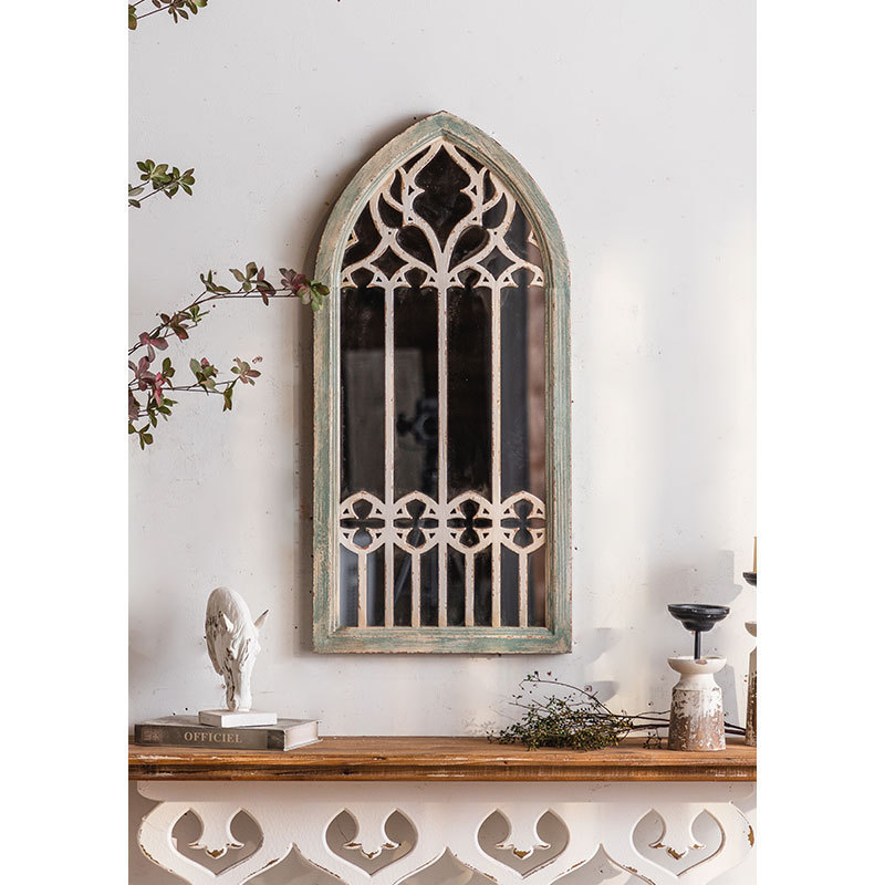 Antique Arch Style Hanging Wall Mirror Farmhouse Window Shape Decorative Garden Mirror Wood Framed Wall Mounted Mirrors