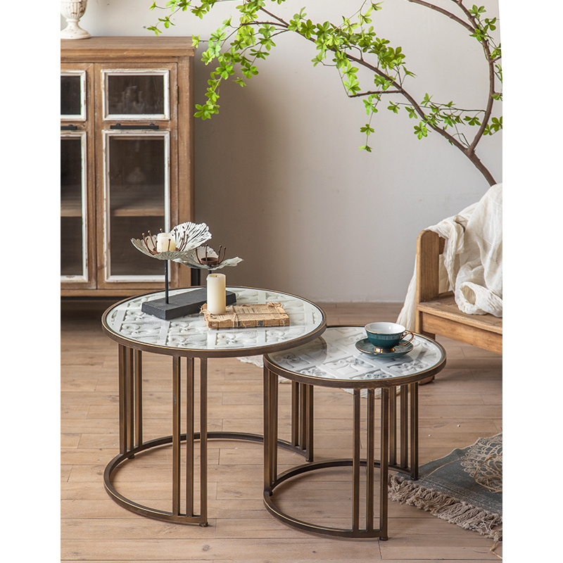 new cheap Iron round tea desk living room furniture glass light luxury small side wood top coffee table with metal frame