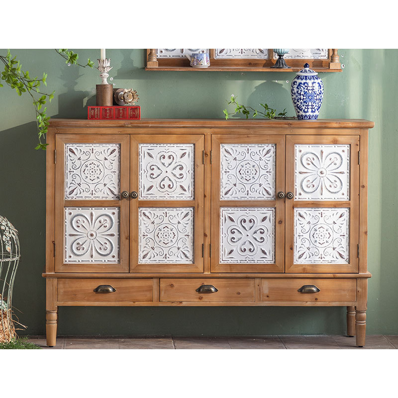 Rustic Shabby Carving Design 4 White Doors Vintage Chest Of Drawer Dining Room Furniture Wood Sideboard Cabinet Storage