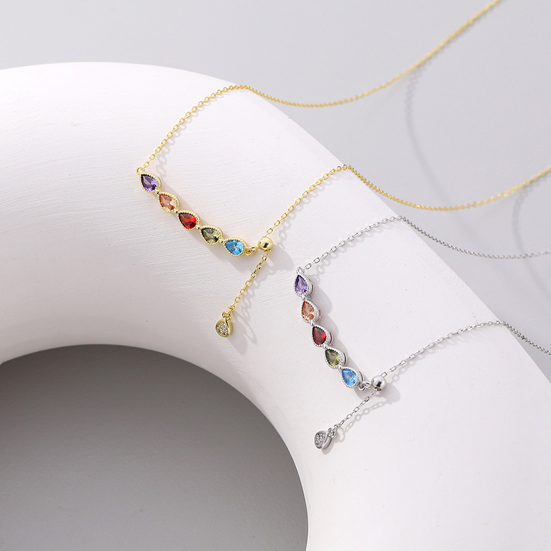 Fashion Gold Plated Rainbow Charm Lariat Necklace 925 Sterling Silver Colorful Water drop-shape Cz Stone Gemstone Necklace