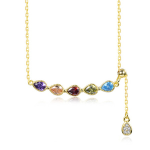 Fashion Gold Plated Rainbow Charm Lariat Necklace 925 Sterling Silver Colorful Water drop-shape Cz Stone Gemstone Necklace