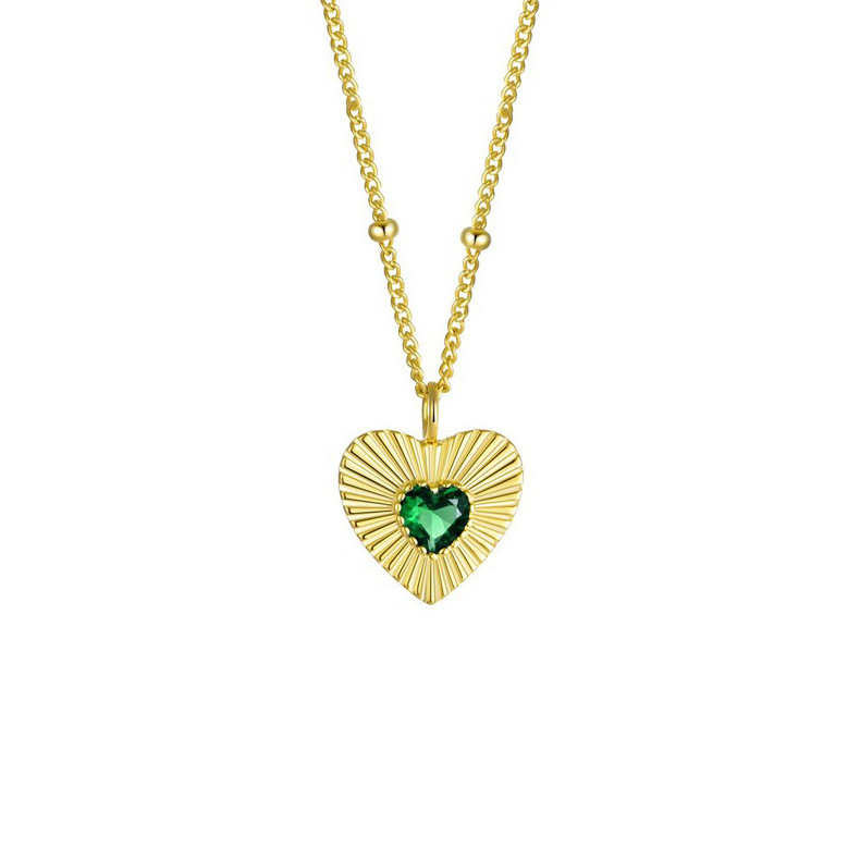 Simple Women Luxury Gemstone Design Women Beads Chain Gold Love Heart Emerald Zircon Pendant Necklace