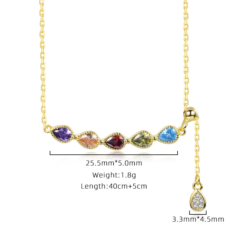 Fashion Gold Plated Rainbow Charm Lariat Necklace 925 Sterling Silver Colorful Water drop-shape Cz Stone Gemstone Necklace