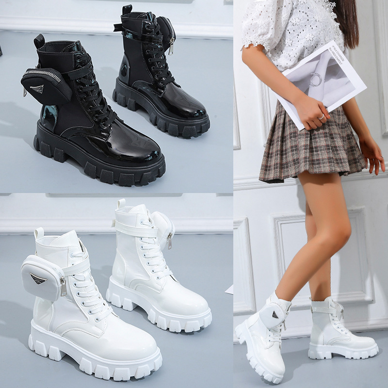 Womens Winter Biker Gothic Chunky Boots Casual Mid Calf Lace Up Shoes With Pockets With Side Pouch