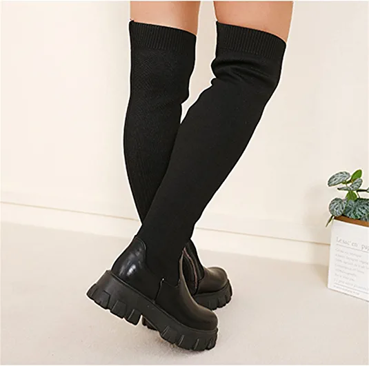 Women's Fashion Thick Bottom Solid Color Over-The-Knee Stretch knit High Boots