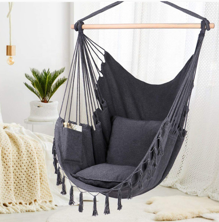 China Supplier Camping Portable Tassel Polycotton Hanging Swing Chair Hammock Stand  With Rope Hammock Stand