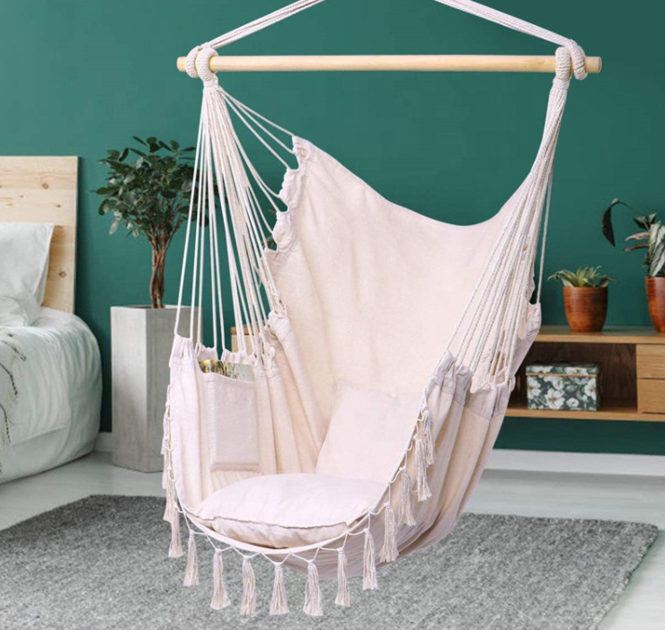 China Supplier Camping Portable Tassel Polycotton Hanging Swing Chair Hammock Stand  With Rope Hammock Stand