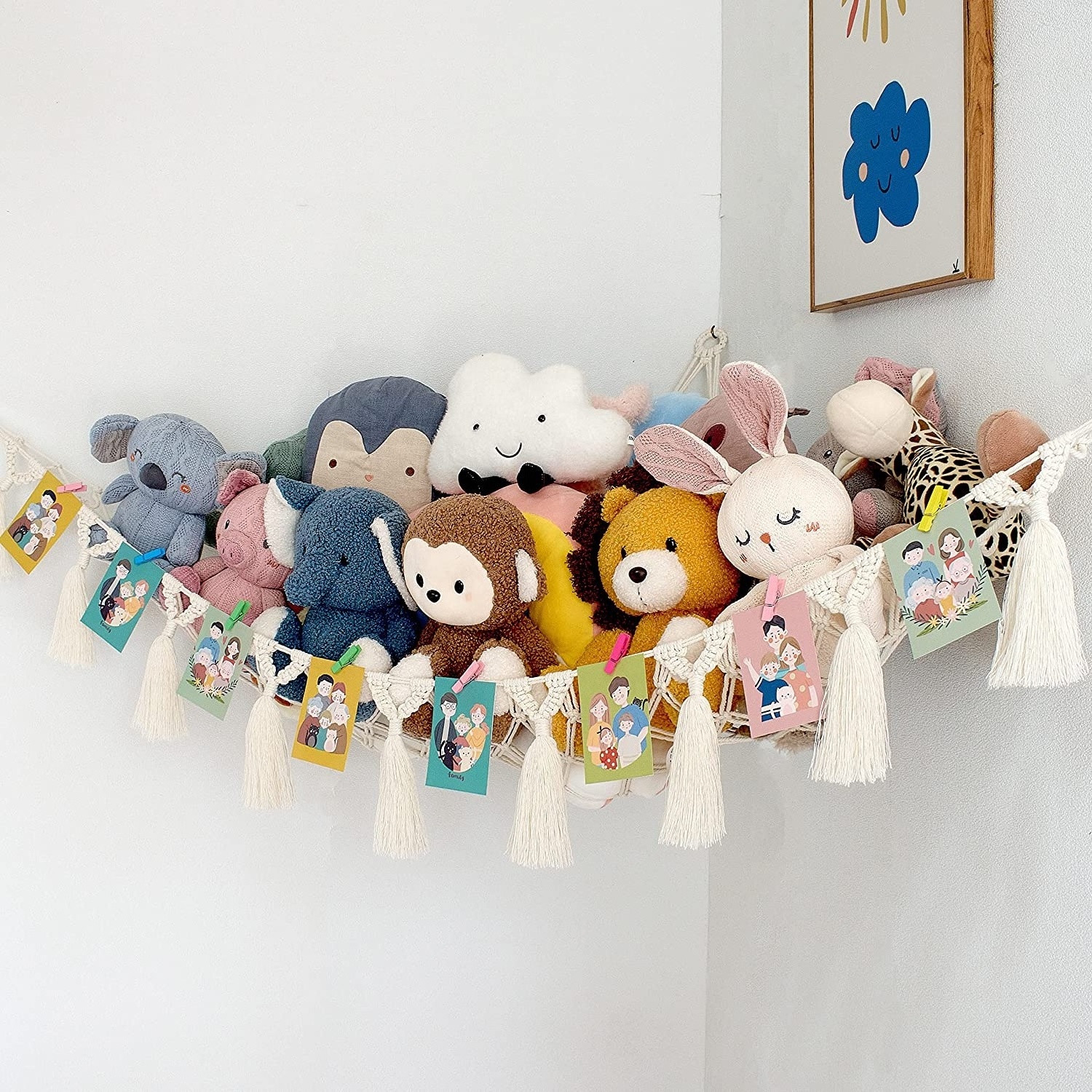 Storage Hammock Stuffed Toys Organizer Jumbo Wall Sling Corner Mesh Toy Organizer with Hooks for Bedroom Plush Toys