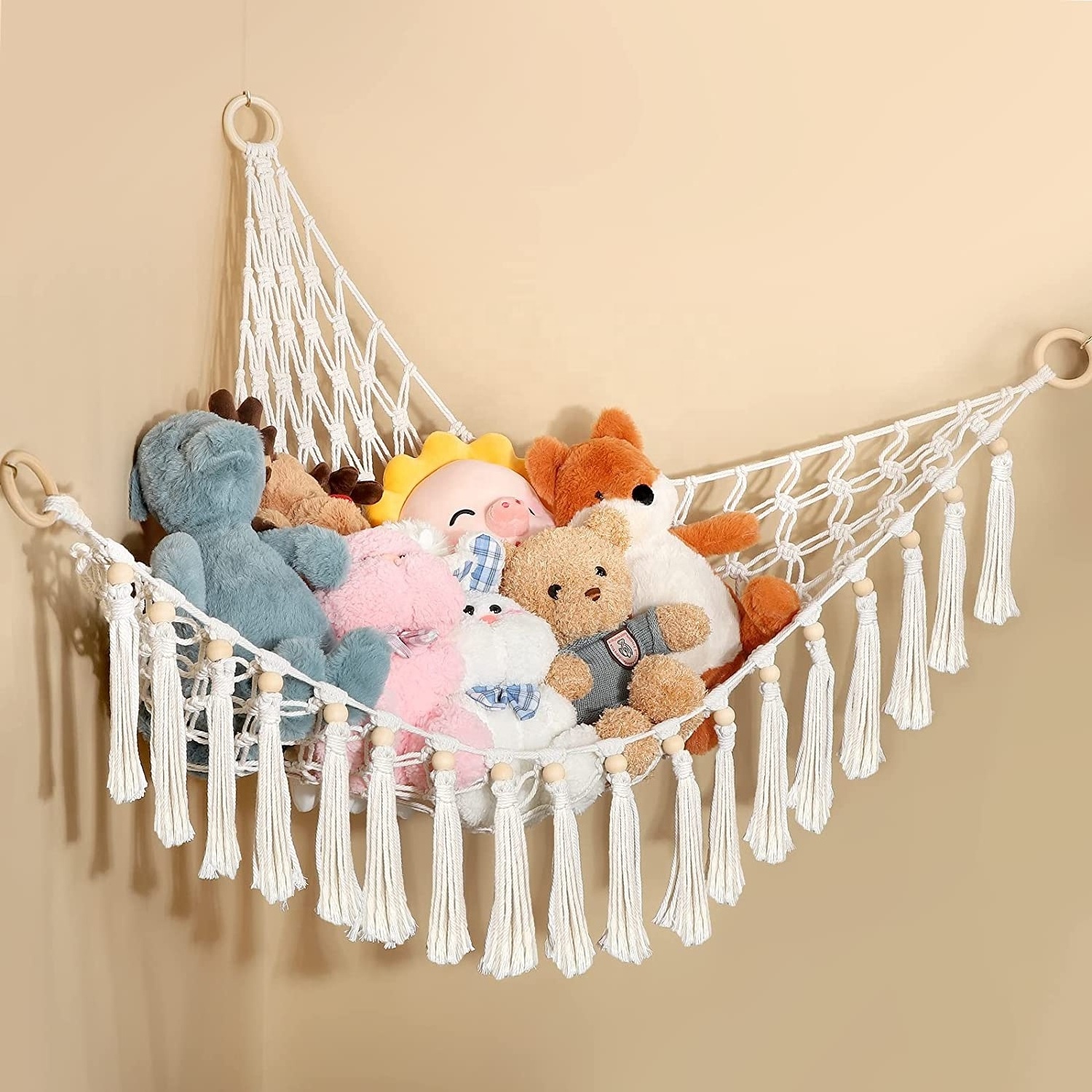 Storage Hammock Stuffed Toys Organizer Jumbo Wall Sling Corner Mesh Toy Organizer with Hooks for Bedroom Plush Toys