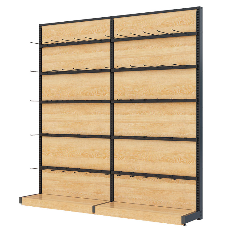 High Quality Beautiful Shelf Wood Floor Display Racks Supermarket Shelves Metal With 30 Hooks