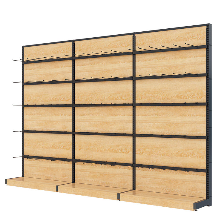 High Quality Beautiful Shelf Wood Floor Display Racks Supermarket Shelves Metal With 30 Hooks