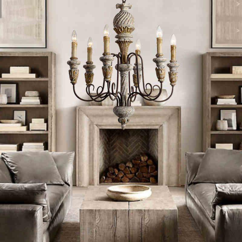 French creative retro wrought iron chandelier American country solid wood lighting candles living room staircase lights