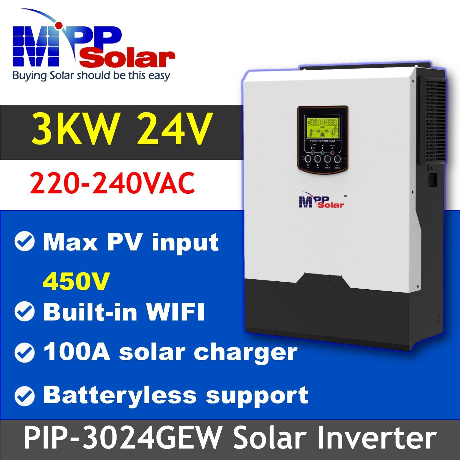 PIP3024GEW MPP Solar inverter 3000w 24v 230v WiFi High PV input 450v MPPT charger 100A Battery optional pure sine wave off grid