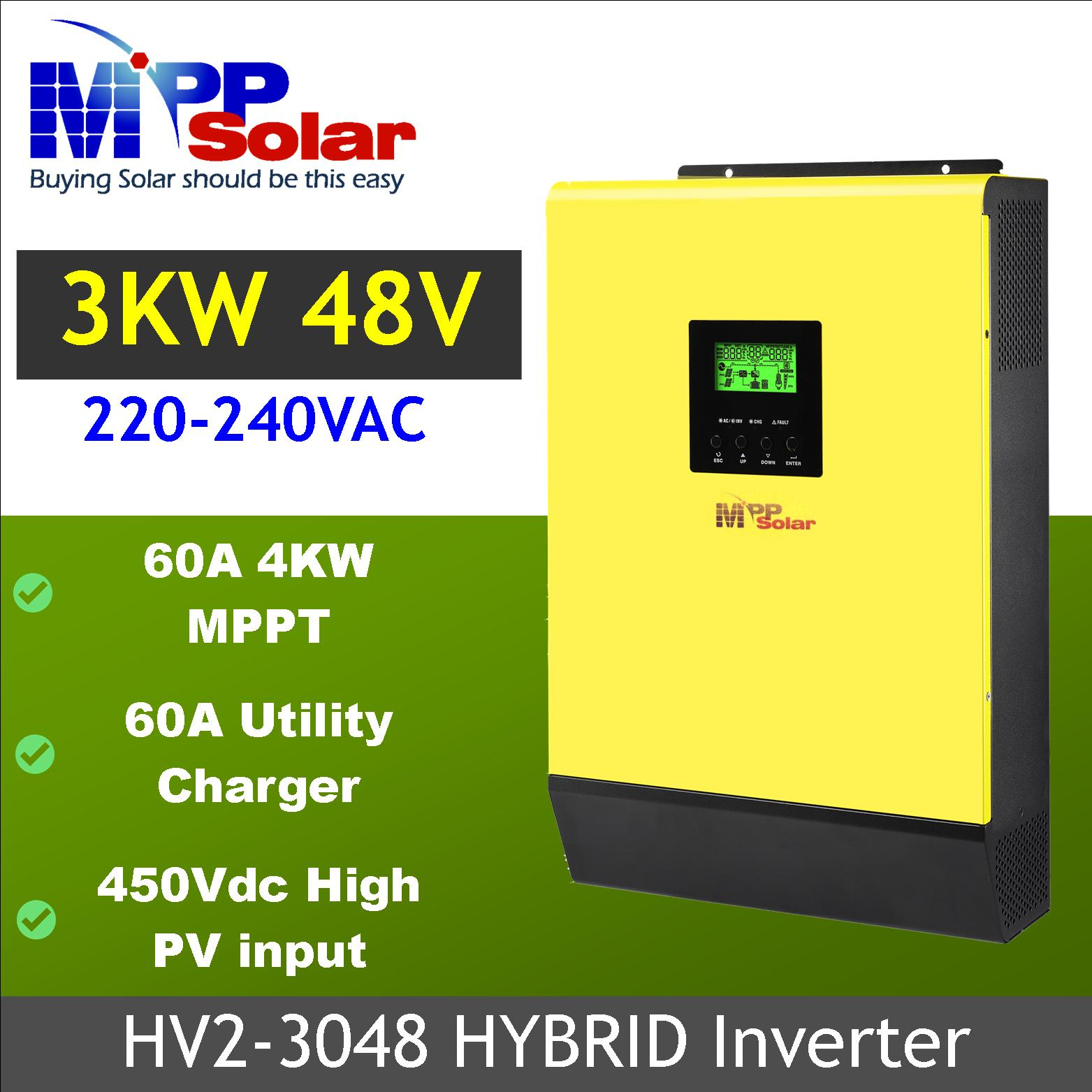 Hybrid V2 series 3000W 48V 230vac Grid tied  Solar inverter + mppt solar charger 60A, high PV input 450Vdc