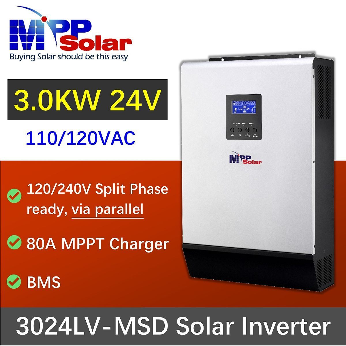 PIP3024LV-MSD 3000w 110v 24v MPP Solar inverter 80A MPPT charger 80A Battery charger Max PV input 3kw 250v pure sine wave