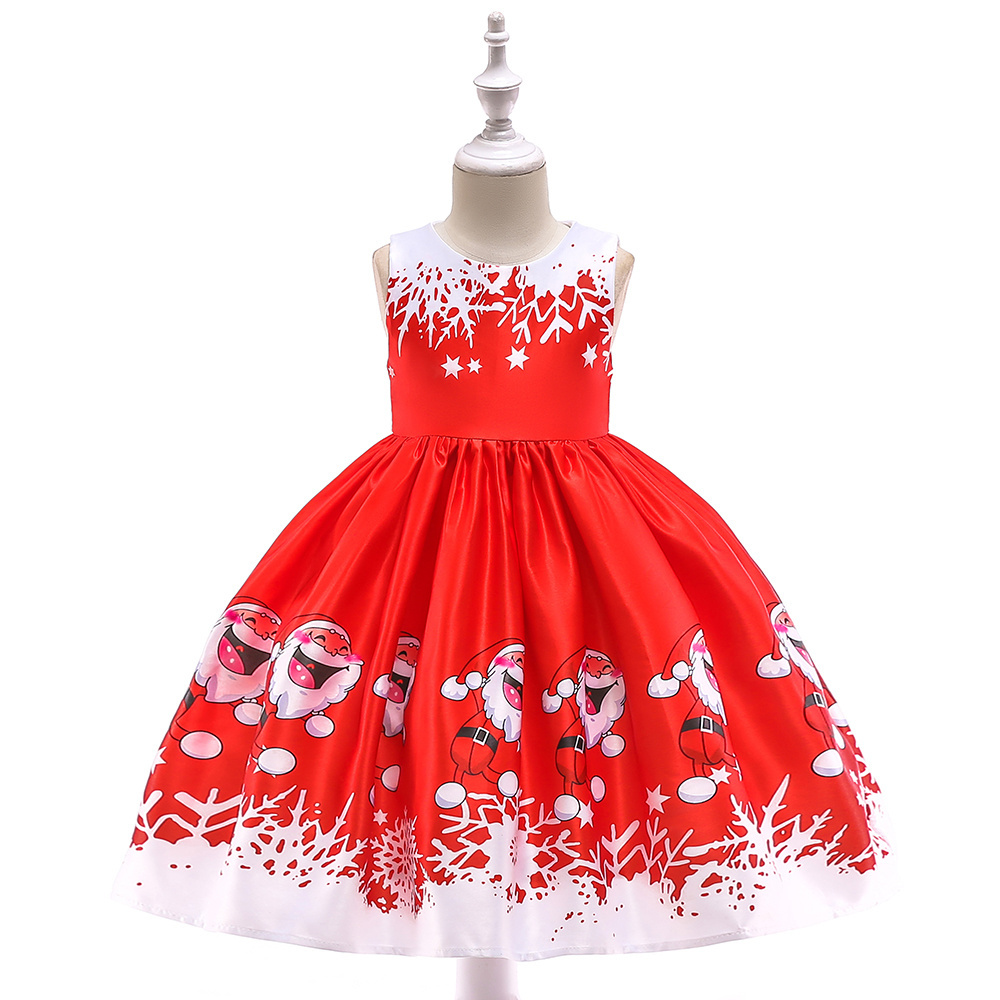 High Quality Kids Carnival Costume Girls Satin Santa Claus Print Pattern Christmas Party Dress