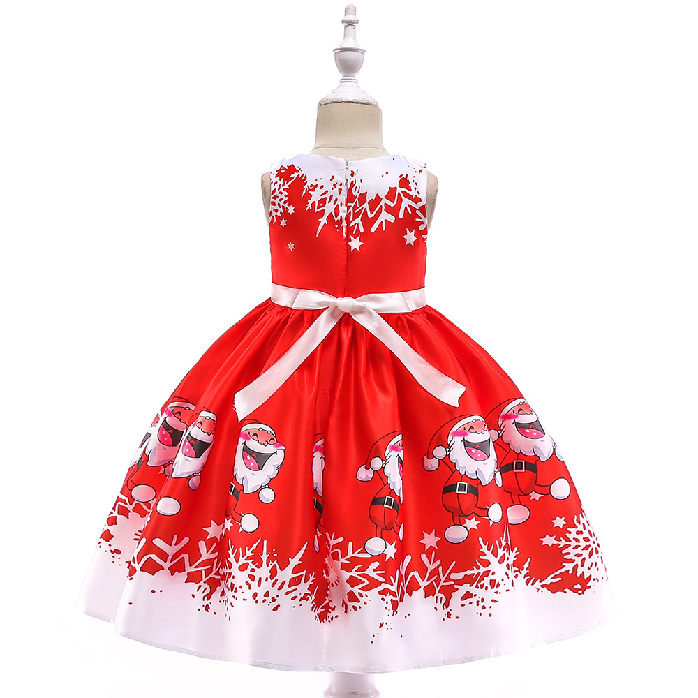 High Quality Kids Carnival Costume Girls Satin Santa Claus Print Pattern Christmas Party Dress