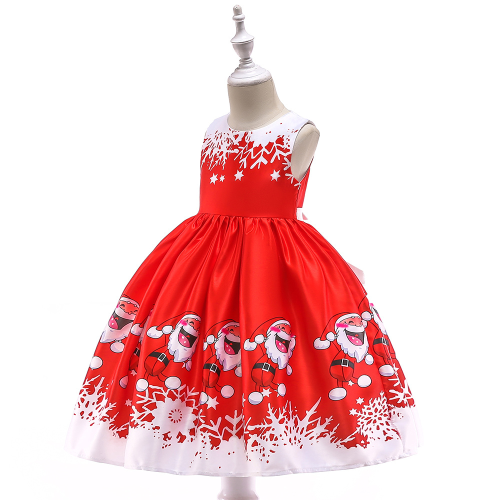 High Quality Kids Carnival Costume Girls Satin Santa Claus Print Pattern Christmas Party Dress