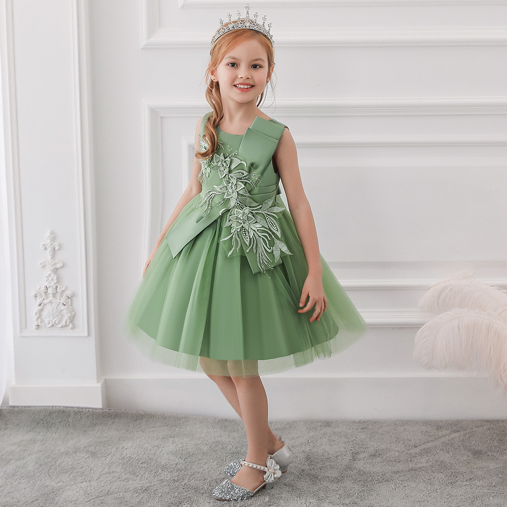 Hot Sale Girls Sleeveless Floral Applique Dress Kids Baby Party Frock Child Bridesmaid Wedding Tulle Dress