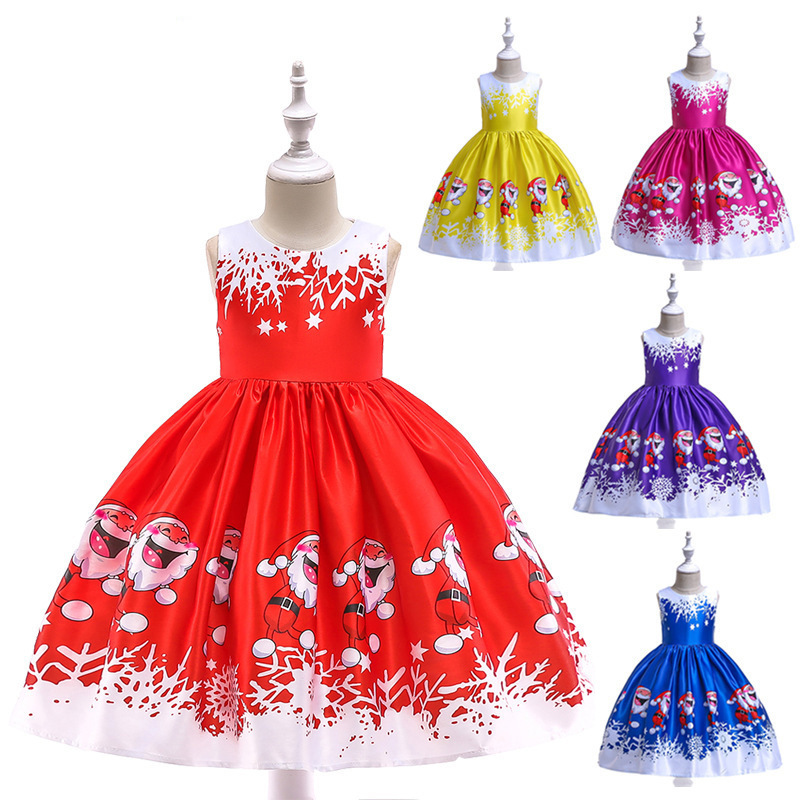 High Quality Kids Carnival Costume Girls Satin Santa Claus Print Pattern Christmas Party Dress