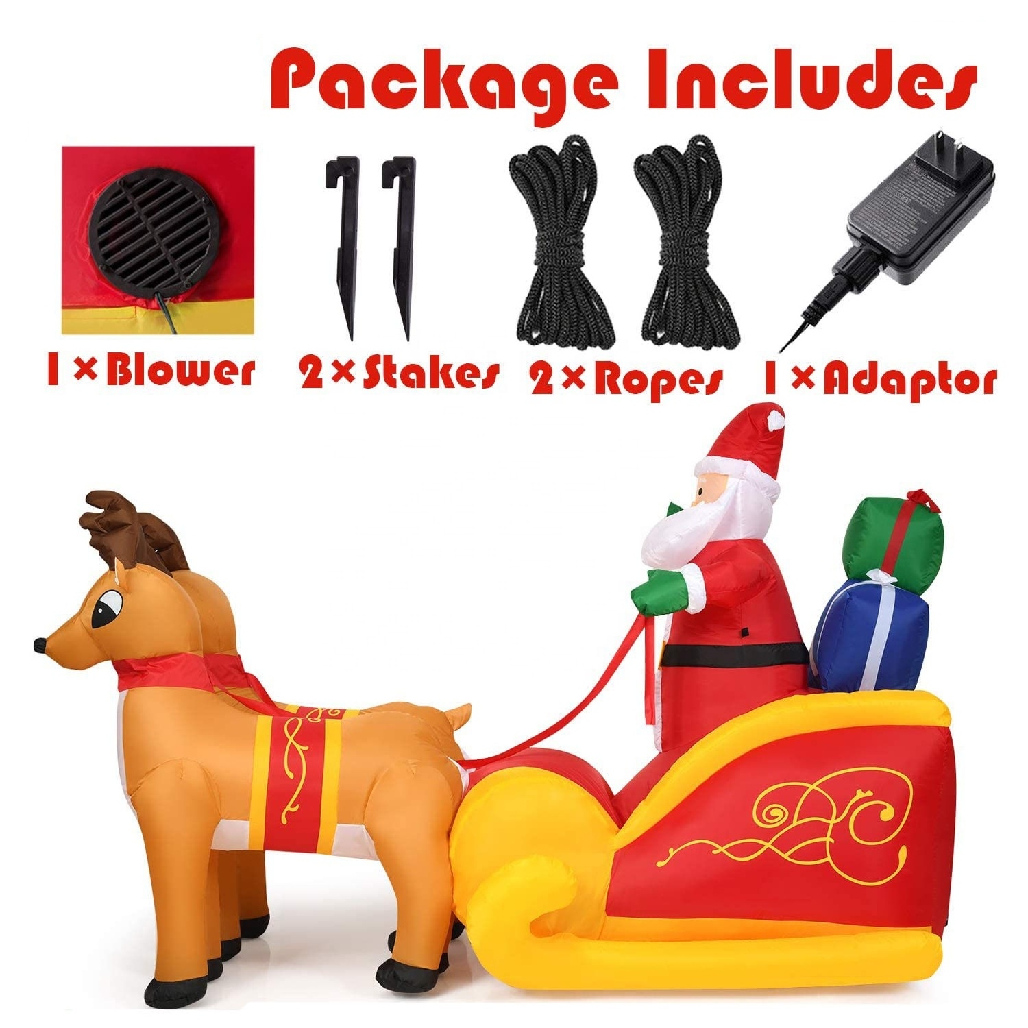 7.2ft Long Christmas Inflatable LED Lighted Santa on Sleigh with Reindeers and Gift Boxes