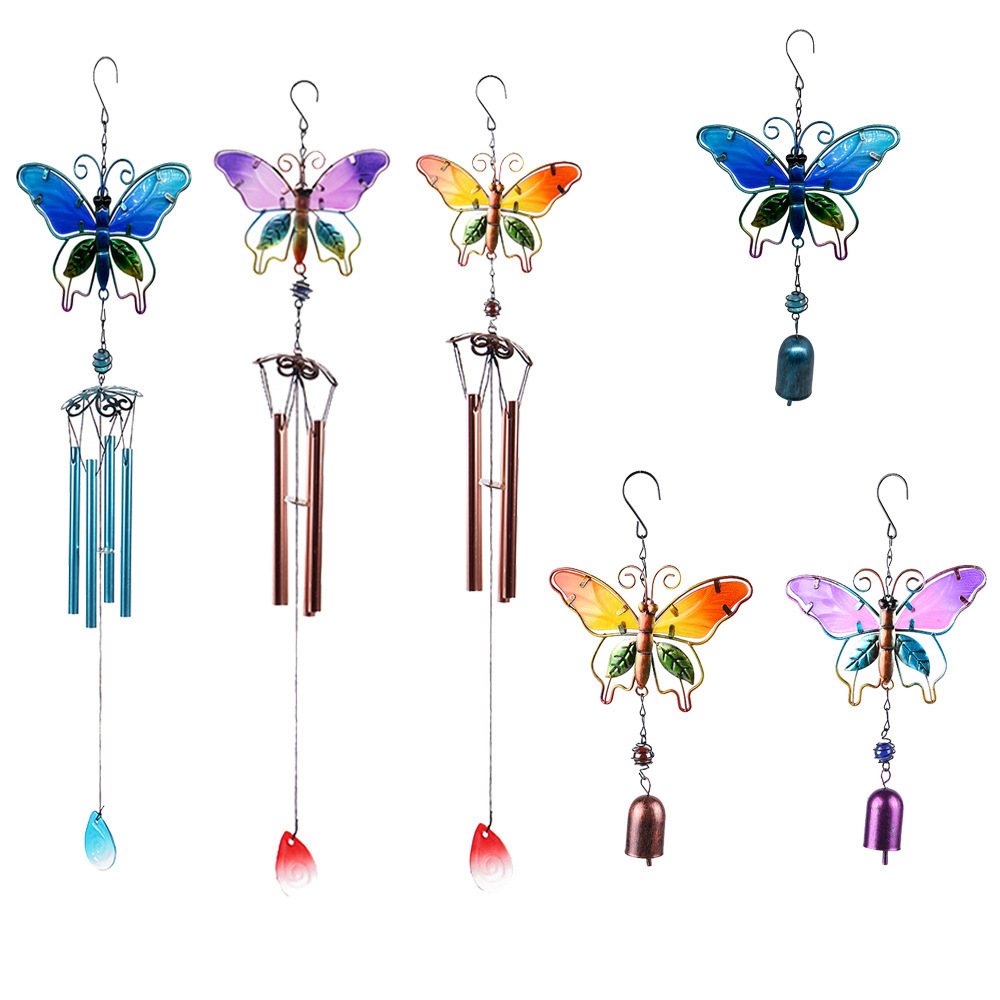 Metal craft glass ornament home clock wind chimes pipe pendant Butterfly wind chimes