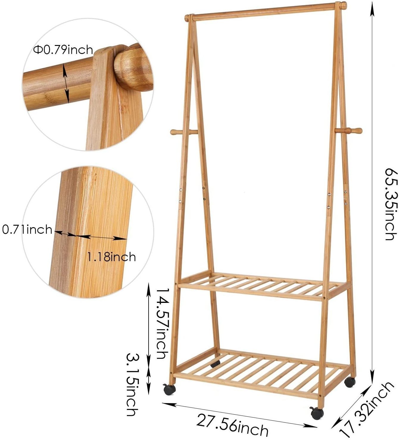 Bamboo Clothes Rack on Wheels Rolling Garment Rack with 2-Tier Storage Shelves and 4 Coat Hooks for Shoes, Clothing