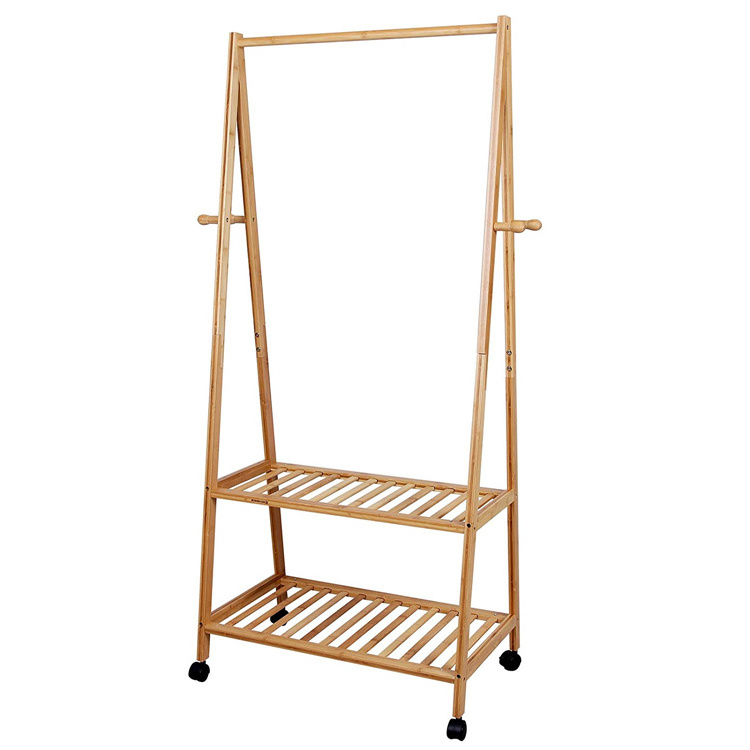 Bamboo Clothes Rack on Wheels Rolling Garment Rack with 2-Tier Storage Shelves and 4 Coat Hooks for Shoes, Clothing