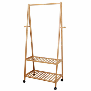 Bamboo Clothes Rack on Wheels Rolling Garment Rack with 2-Tier Storage Shelves and 4 Coat Hooks for Shoes, Clothing