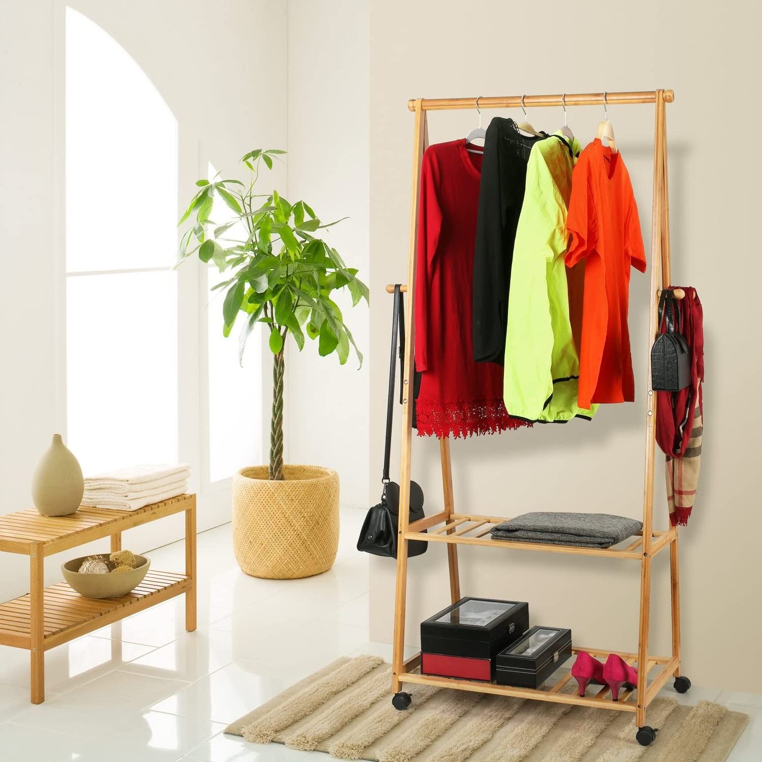 Bamboo Clothes Rack on Wheels Rolling Garment Rack with 2-Tier Storage Shelves and 4 Coat Hooks for Shoes, Clothing